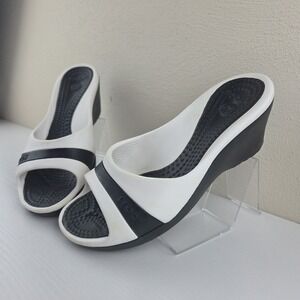Crocs Sassari Women's White Black Wedge Sandals Slip-on Open Toe Slides Size 8